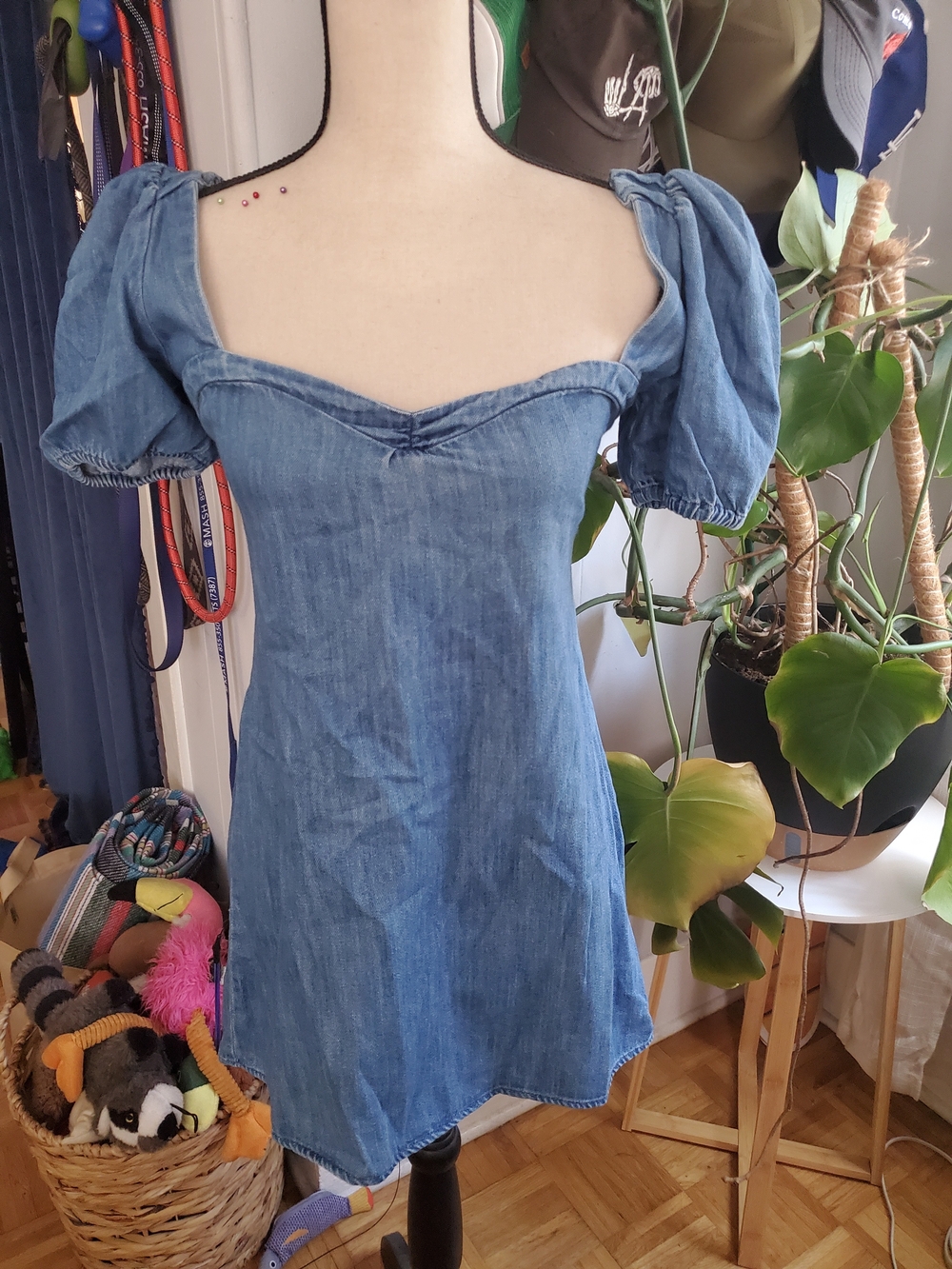 Zara Blue Denim Puff-Sleeve Mini Dress